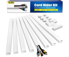 CORD-KIT-116IN - YesBes 116in Cord Hider Kit, Cord Covers for Wires on Wall, Paintable Cable Raceway, Cord Hider for Wall Mount tv, tv Cable Hider Wall kit, Wire Covers for Cords, W0.96in X H0.57in, White