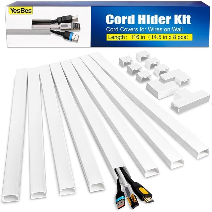 CORD-KIT-116IN - YesBes 116in Cord Hider Kit, Cord Covers for Wires on Wall, Paintable Cable Raceway, Cord Hider for Wall Mount tv, tv Cable Hider Wall kit, Wire Covers for Cords, W0.96in X H0.57in, White