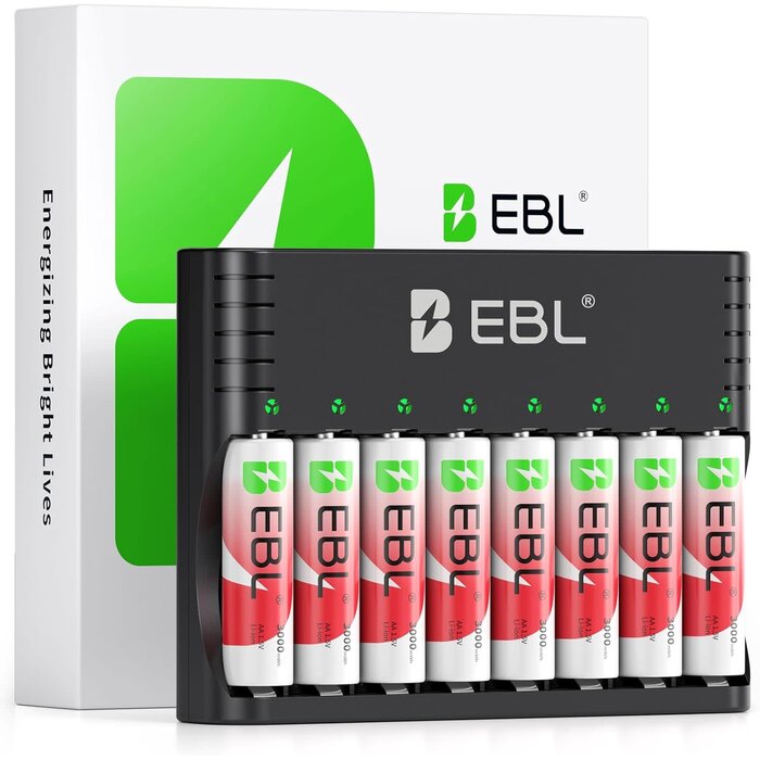 AA-1.5V-CHRG - EBL Rechargeable AA Batteries Lithium with Charger, 8 Pack 3000mAh 1.5V Constant Voltage Rechargeable Lithium AA Batteries, 1600 Cycles Long Lasting Double A Battery for Blink Outdoor Camera