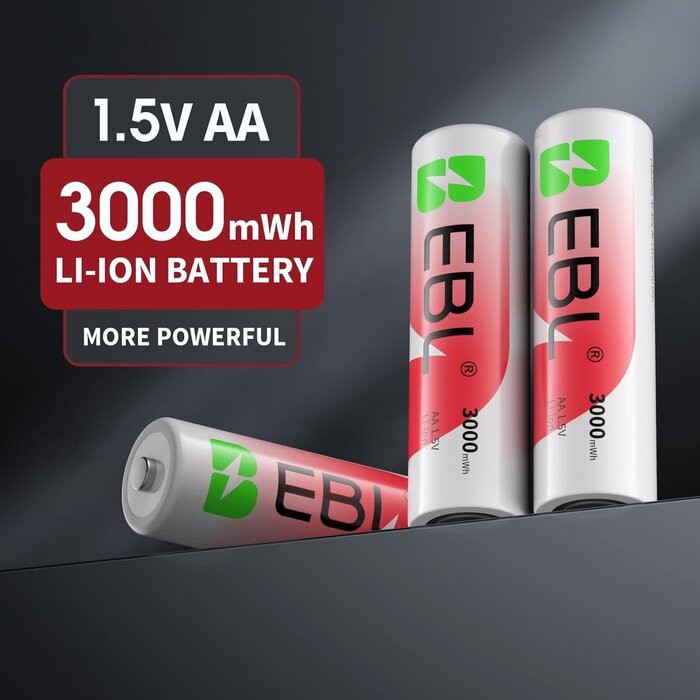 AA-1.5V-CHRG - EBL Rechargeable AA Batteries Lithium with Charger, 8 Pack 3000mAh 1.5V Constant Voltage Rechargeable Lithium AA Batteries, 1600 Cycles Long Lasting Double A Battery for Blink Outdoor Camera