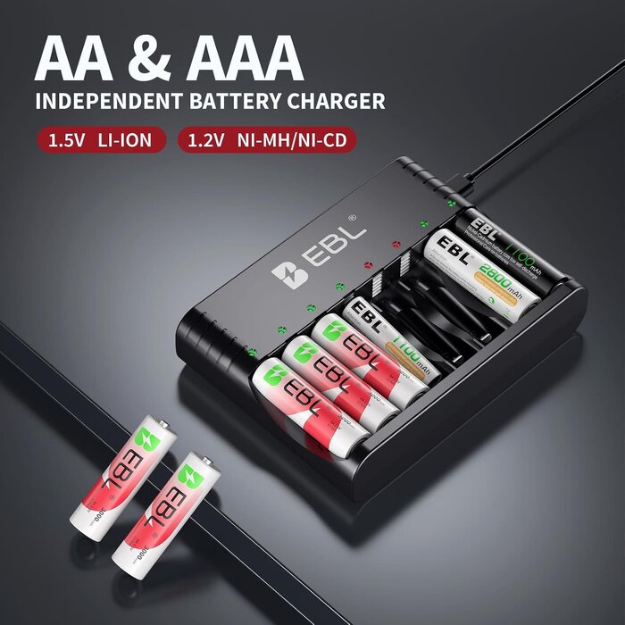 AA-1.5V-CHRG - EBL Rechargeable AA Batteries Lithium with Charger, 8 Pack 3000mAh 1.5V Constant Voltage Rechargeable Lithium AA Batteries, 1600 Cycles Long Lasting Double A Battery for Blink Outdoor Camera