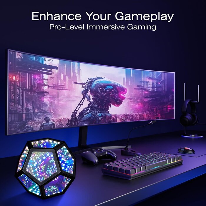 MITO-L-1 - MITO Infinity Mirror Light Infinite Dodecahedron Color Art Light for Gaming Room Decor 3D Hyper Cube RGBW Color Changing Night Lighting for Computer Gaming Desk Birthday Christmas Gift