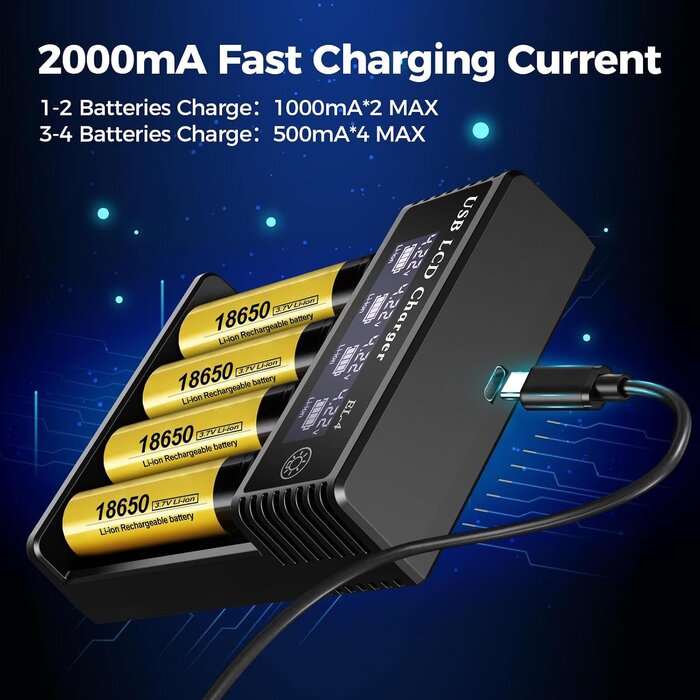 18650-4-CHRGR - WANGDAJIEDIAN 18650 Battery Charger, 4 Bay 3.7V Li-ion Battery Charger with Smart LCD Display 2A Fast Charging for Rechargeable Batteries Lithium NI-MH NI-Cd AA AAA C 18650 18350 18700 21700 26650 14500 16340