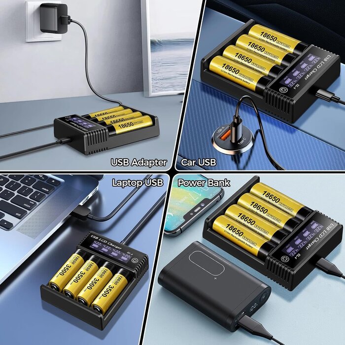 18650-4-CHRGR - WANGDAJIEDIAN 18650 Battery Charger, 4 Bay 3.7V Li-ion Battery Charger with Smart LCD Display 2A Fast Charging for Rechargeable Batteries Lithium NI-MH NI-Cd AA AAA C 18650 18350 18700 21700 26650 14500 16340