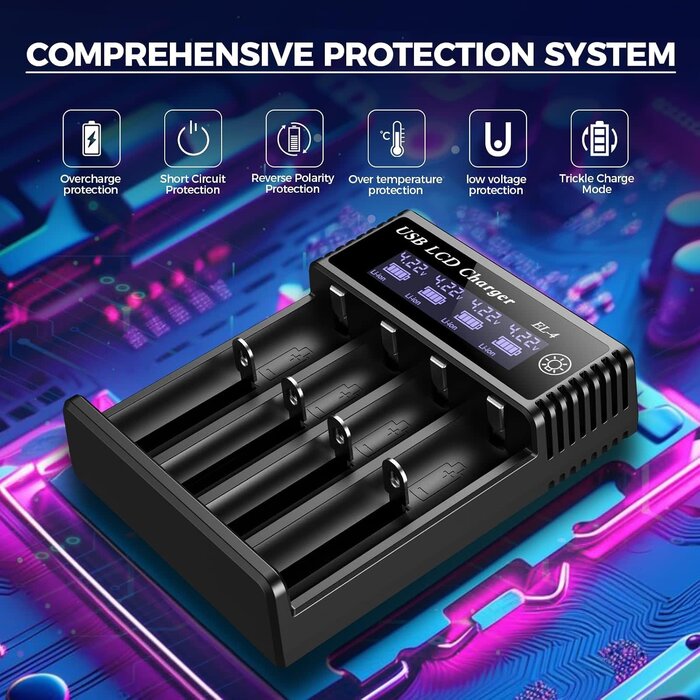 18650-4-CHRGR - WANGDAJIEDIAN 18650 Battery Charger, 4 Bay 3.7V Li-ion Battery Charger with Smart LCD Display 2A Fast Charging for Rechargeable Batteries Lithium NI-MH NI-Cd AA AAA C 18650 18350 18700 21700 26650 14500 16340