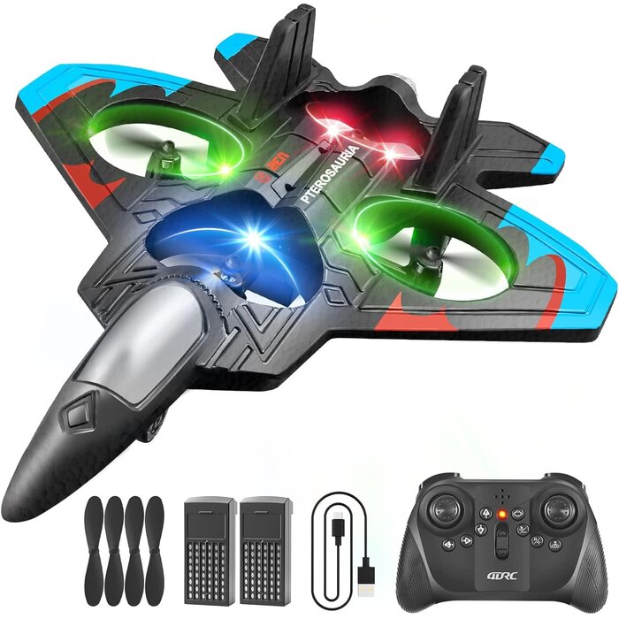 4D-V32-BLU - 4DRC V32 Foam Remote Control Airplane RC Planes for Kids Adults, Blue, RC Airplane Fighter Jet with Light, 360° Flip Fighter Jet Toys, Stunt Roll, Airplane Toy Gifts for Kids Boys