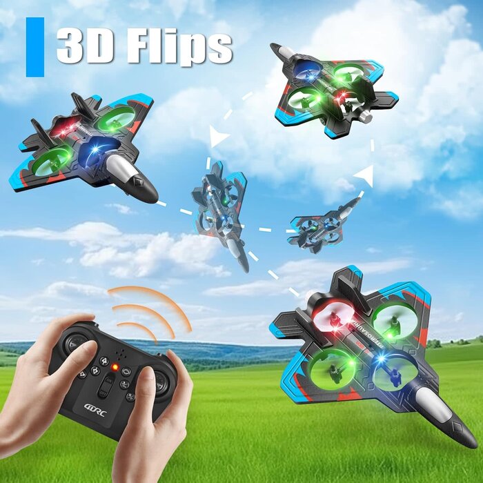 4D-V32-BLU - 4DRC V32 Foam Remote Control Airplane RC Planes for Kids Adults, Blue, RC Airplane Fighter Jet with Light, 360° Flip Fighter Jet Toys, Stunt Roll, Airplane Toy Gifts for Kids Boys