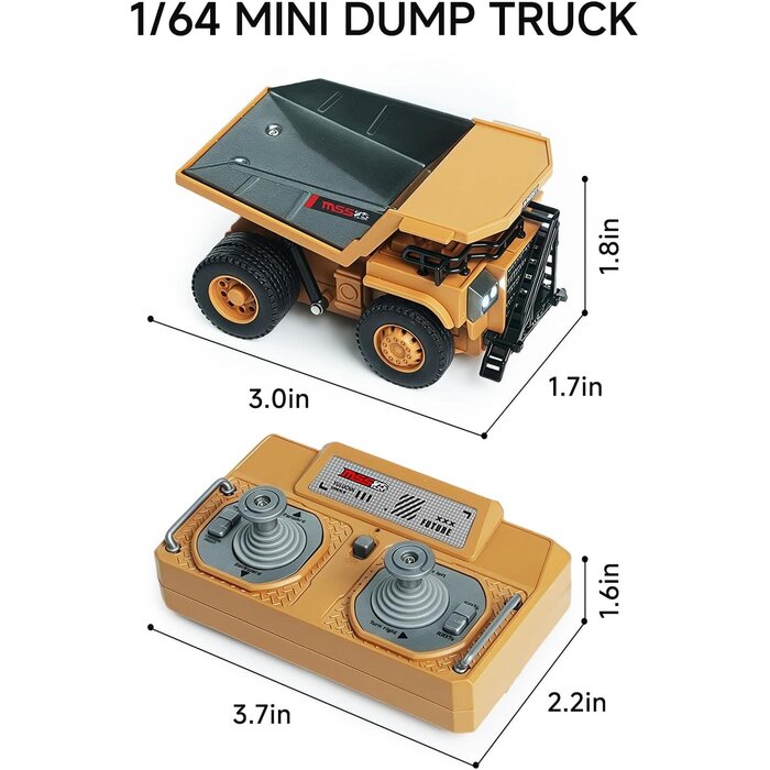 Z6833AY - BRRRRT 1/64 RC Dump Truck, Full Proportion Mini Dump Truck Toy, 8-Channel Remote Control Toy with Metal Bed & Light, RC Construction Vehicles, Type- C Built-in Battery for Boys and Girls Age 3+