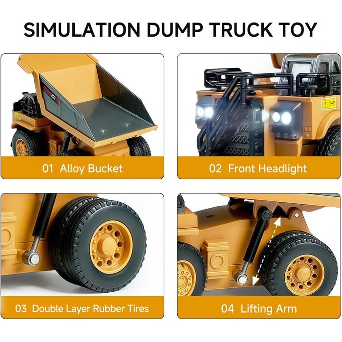 Z6833AY - BRRRRT 1/64 RC Dump Truck, Full Proportion Mini Dump Truck Toy, 8-Channel Remote Control Toy with Metal Bed & Light, RC Construction Vehicles, Type- C Built-in Battery for Boys and Girls Age 3+