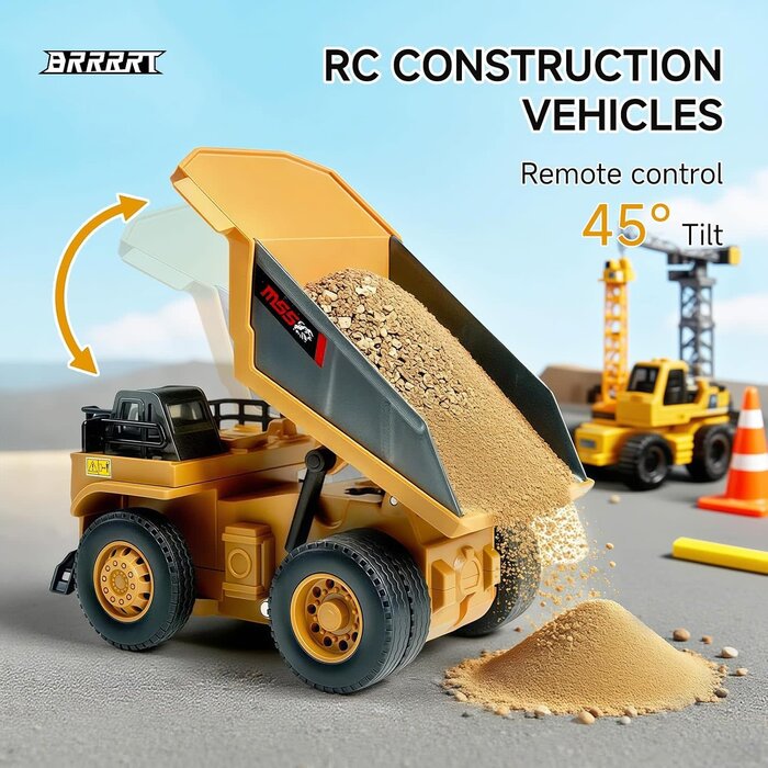Z6833AY - BRRRRT 1/64 RC Dump Truck, Full Proportion Mini Dump Truck Toy, 8-Channel Remote Control Toy with Metal Bed & Light, RC Construction Vehicles, Type- C Built-in Battery for Boys and Girls Age 3+