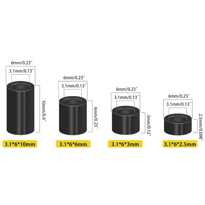 M1998-25PCS - Mardatt 25 Peices Black Round Aluminum Spacer, 3.1x6mm(ID×OD) Black Aluminum Standoff Column Spacer, Length 2.5/3/6/10mm Thickness Aluminum Spacer for M3 Screws Bolts