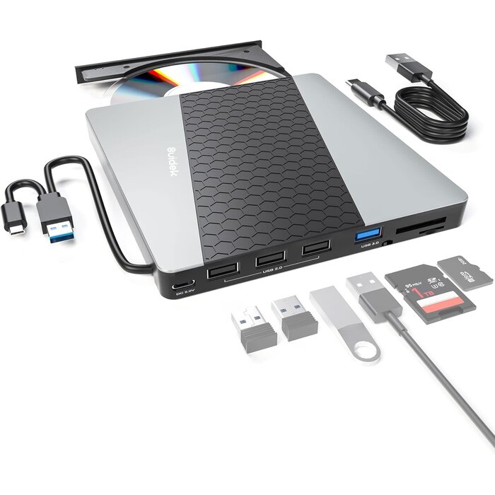 SUIDEK B34-Y - SUIDEK External CD DVD Drive, USB 3.0/USB-C Portable CD DVD +/-RW Burner DVD Player for Laptop with SD/Micro SD Card Reader 8 in 1 Hub Compatible with Laptop Mac PC Windows Linux