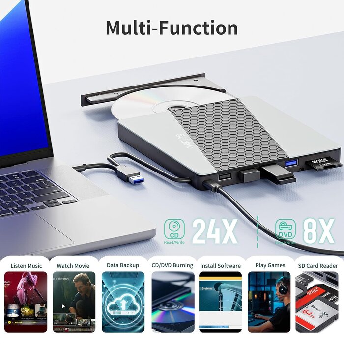SUIDEK B34-Y - SUIDEK External CD DVD Drive, USB 3.0/USB-C Portable CD DVD +/-RW Burner DVD Player for Laptop with SD/Micro SD Card Reader 8 in 1 Hub Compatible with Laptop Mac PC Windows Linux