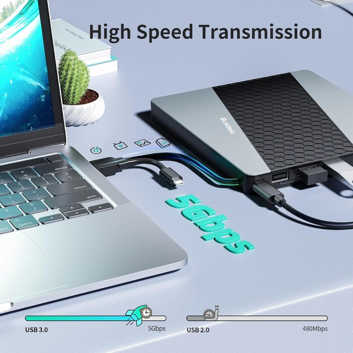 SUIDEK B34-Y - SUIDEK External CD DVD Drive, USB 3.0/USB-C Portable CD DVD +/-RW Burner DVD Player for Laptop with SD/Micro SD Card Reader 8 in 1 Hub Compatible with Laptop Mac PC Windows Linux