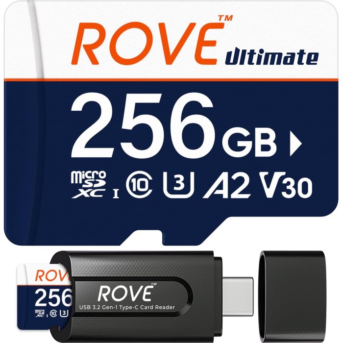 RU-256GB - ROVE Ultimate Micro SD Card MicroSDXC 256GB Memory Card with USB 3.2 Type C Card Reader 512GB 170MB/s C10, U3, V30, 4K, A2 for Dash Cam, Android Smart Phones, Tablets, Games