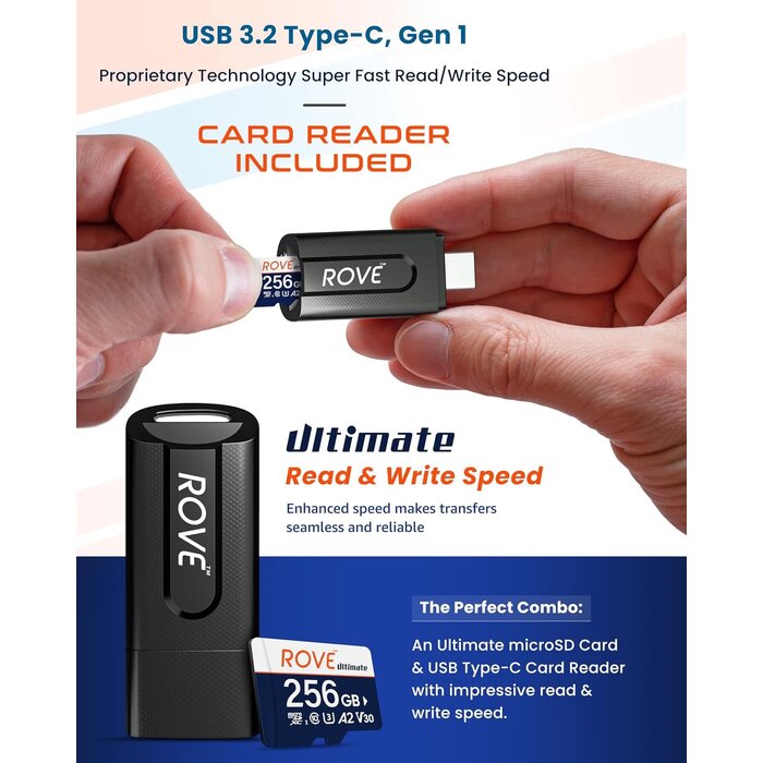 RU-256GB - ROVE Ultimate Micro SD Card MicroSDXC 256GB Memory Card with USB 3.2 Type C Card Reader 512GB 170MB/s C10, U3, V30, 4K, A2 for Dash Cam, Android Smart Phones, Tablets, Games