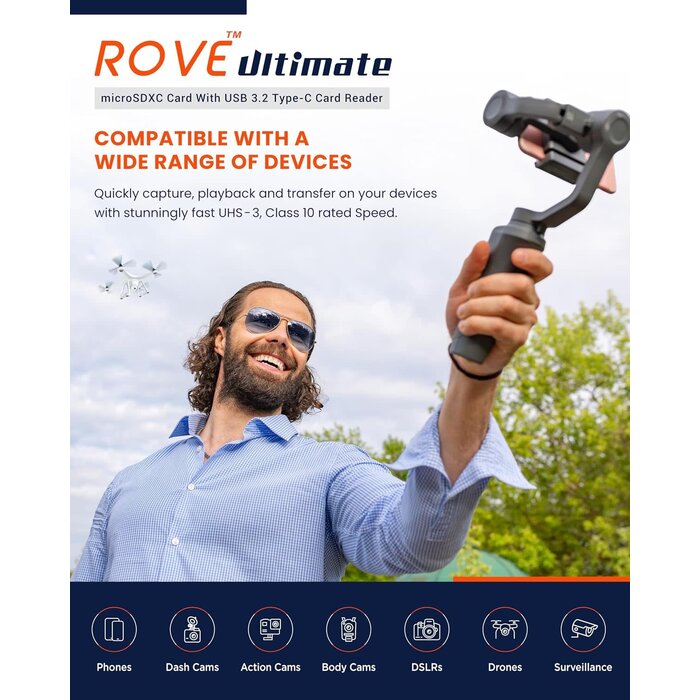 RU-256GB - ROVE Ultimate Micro SD Card MicroSDXC 256GB Memory Card with USB 3.2 Type C Card Reader 512GB 170MB/s C10, U3, V30, 4K, A2 for Dash Cam, Android Smart Phones, Tablets, Games