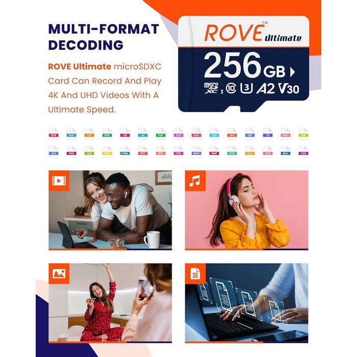 RU-256GB - ROVE Ultimate Micro SD Card MicroSDXC 256GB Memory Card with USB 3.2 Type C Card Reader 512GB 170MB/s C10, U3, V30, 4K, A2 for Dash Cam, Android Smart Phones, Tablets, Games