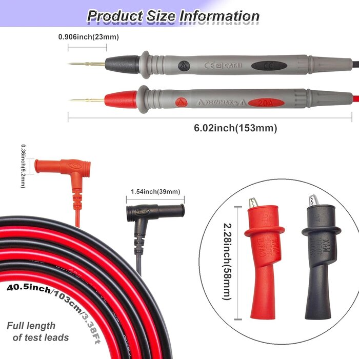 E6-7001 - Eiranoly Professional Multimeter Test Leads 1000V 20A, 40.5in, Test Leads Kit, Ultra-Sharp Gold-Plated Probes, Silicone Meter Leads for Fluke, AstroAI, Klein Multimeter & Automotive Testing