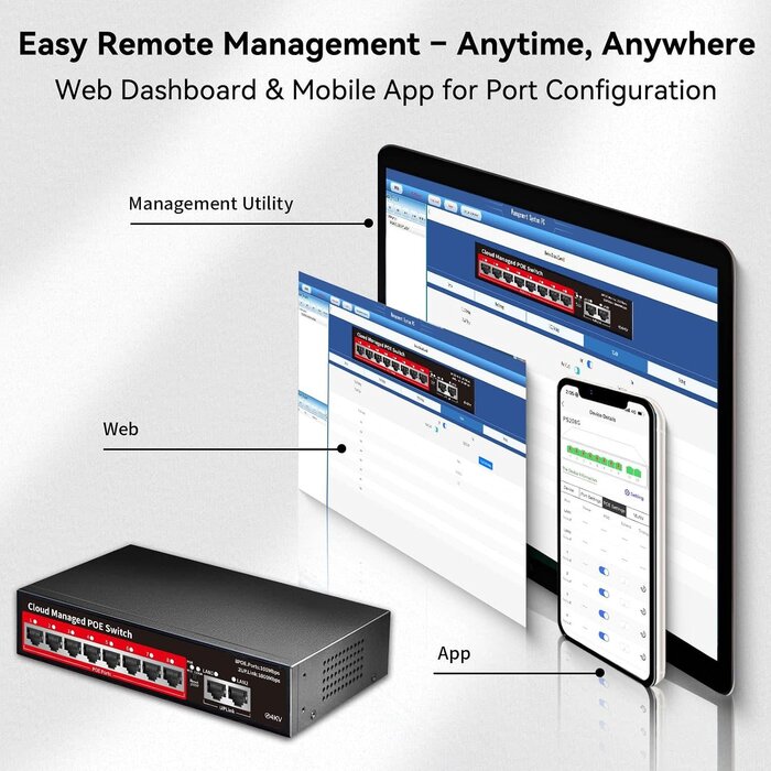 9M-Y4N5-Z3YQ - STEAMEMO PoE+ Switch, 8 Port Managed PoE Ethernet Switch (8 POE Ports +2 Uplink),120W Built-in Power, Support VLAN, QoS, Fanless Metal, Plug & Play (Desktop/Wall Mount)