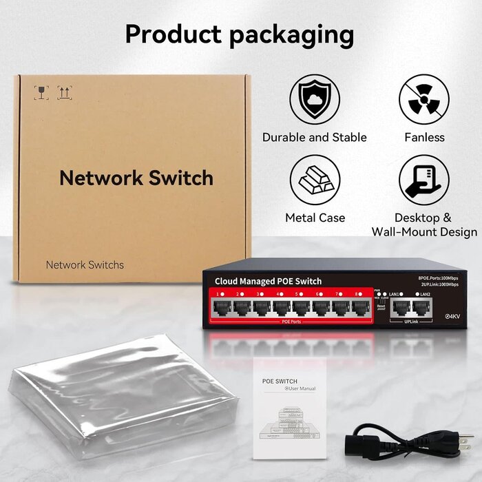 9M-Y4N5-Z3YQ - STEAMEMO PoE+ Switch, 8 Port Managed PoE Ethernet Switch (8 POE Ports +2 Uplink),120W Built-in Power, Support VLAN, QoS, Fanless Metal, Plug & Play (Desktop/Wall Mount)