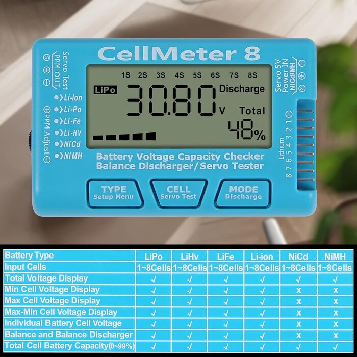 8IN1-CELLMETER - UMLIFE RC CellMeter 8 Digital Battery Capacity Checker Battery Voltage Tester LCD Backlight for LiPo Life Li-ion NiMH Nicd Cell Meter Battery Checker (8 in 1 cellmeter)