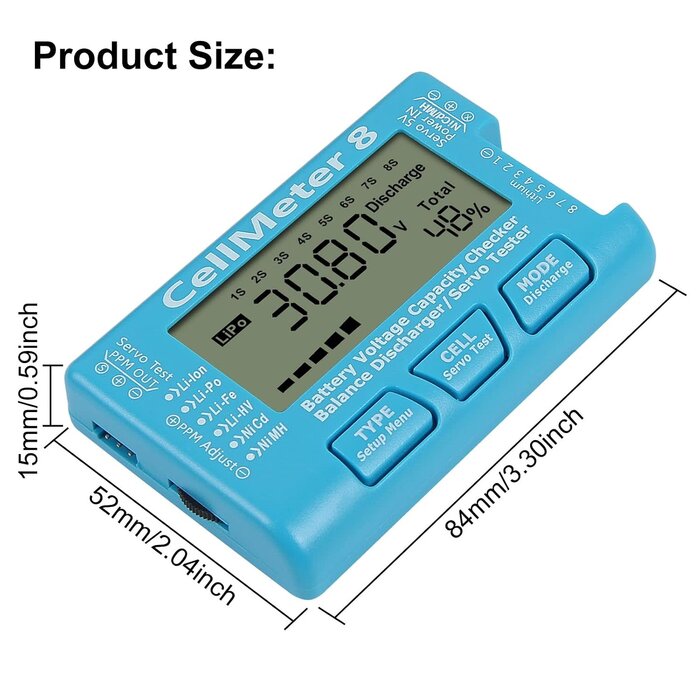 8IN1-CELLMETER - UMLIFE RC CellMeter 8 Digital Battery Capacity Checker Battery Voltage Tester LCD Backlight for LiPo Life Li-ion NiMH Nicd Cell Meter Battery Checker (8 in 1 cellmeter)