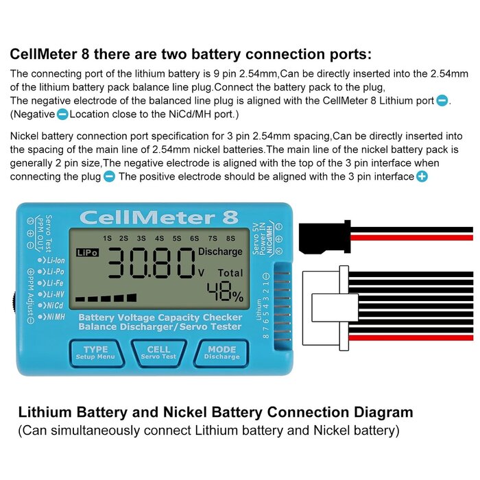 8IN1-CELLMETER - UMLIFE RC CellMeter 8 Digital Battery Capacity Checker Battery Voltage Tester LCD Backlight for LiPo Life Li-ion NiMH Nicd Cell Meter Battery Checker (8 in 1 cellmeter)