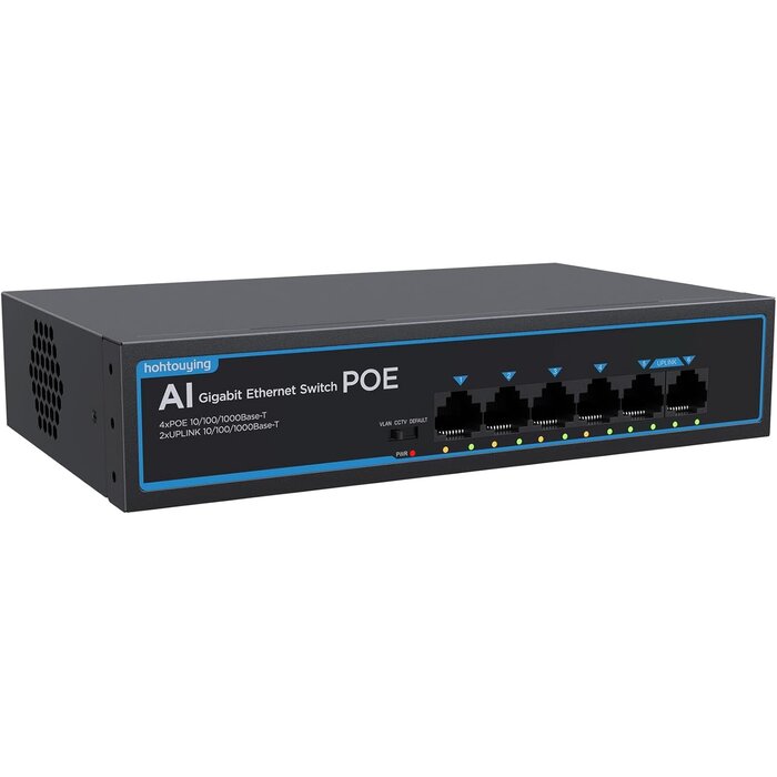 SG10P - hohtouying 4 Port Gigabit PoE Switch with 2 Gigabit Uplink, 1000Mbps, 802.3af/at, 65W Built-in Power, Vlan, Unmanaged Metal Plug and Play, Ideal for NVR and Power Over Ethernet Security Cameras