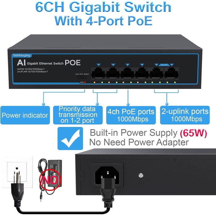 SG10P - hohtouying 4 Port Gigabit PoE Switch with 2 Gigabit Uplink, 1000Mbps, 802.3af/at, 65W Built-in Power, Vlan, Unmanaged Metal Plug and Play, Ideal for NVR and Power Over Ethernet Security Cameras