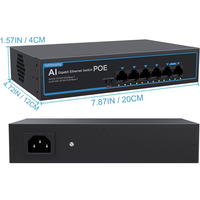 SG10P - hohtouying 4 Port Gigabit PoE Switch with 2 Gigabit Uplink, 1000Mbps, 802.3af/at, 65W Built-in Power, Vlan, Unmanaged Metal Plug and Play, Ideal for NVR and Power Over Ethernet Security Cameras