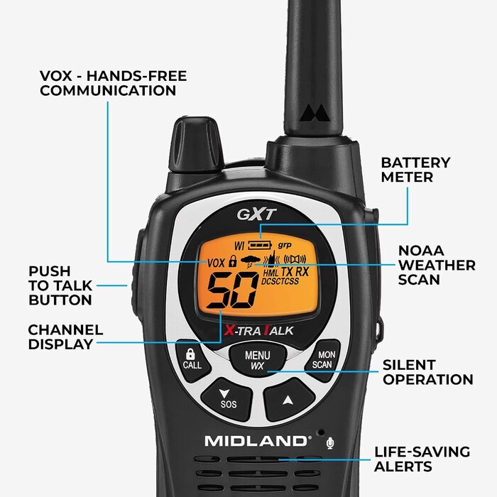 GXT1000VP4 - Midland GXT1000VP4 GMRS Two-Way Radio | 50-Channel, Long Range, 142 Privacy Codes, SOS & NOAA, Rechargeable Nickle Battery