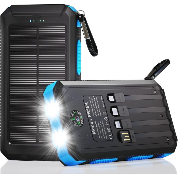 PS35K - Durecopow Solar Charger Power Bank 20,000mAh, Portable Charger, 4 Cables 3 Ports Fast Charging External Battery Pack with USB C for Cell Phones, Solar Panel Charger with Dual Flashlight for Camping