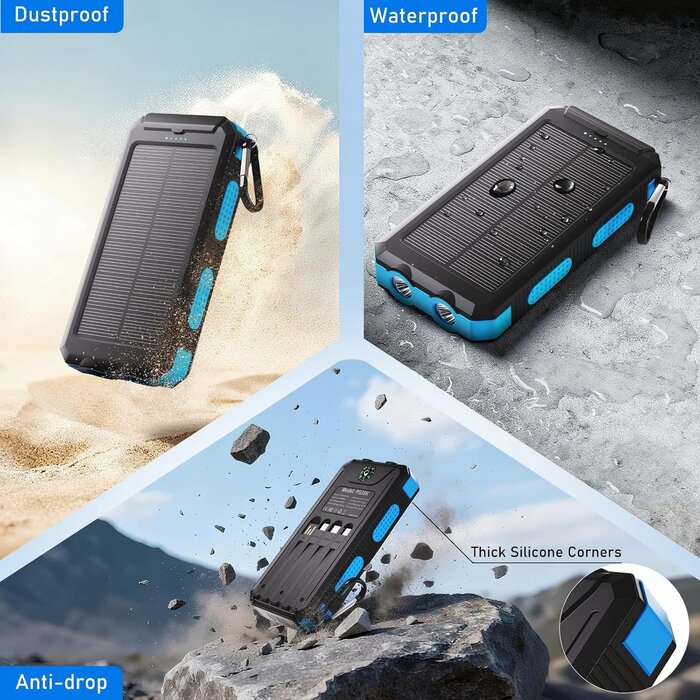 PS35K - Durecopow Solar Charger Power Bank 20,000mAh, Portable Charger, 4 Cables 3 Ports Fast Charging External Battery Pack with USB C for Cell Phones, Solar Panel Charger with Dual Flashlight for Camping