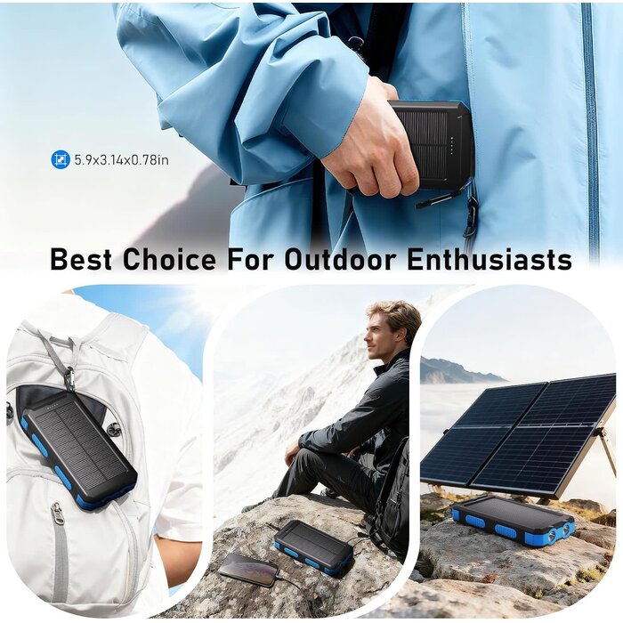 PS35K - Durecopow Solar Charger Power Bank 20,000mAh, Portable Charger, 4 Cables 3 Ports Fast Charging External Battery Pack with USB C for Cell Phones, Solar Panel Charger with Dual Flashlight for Camping