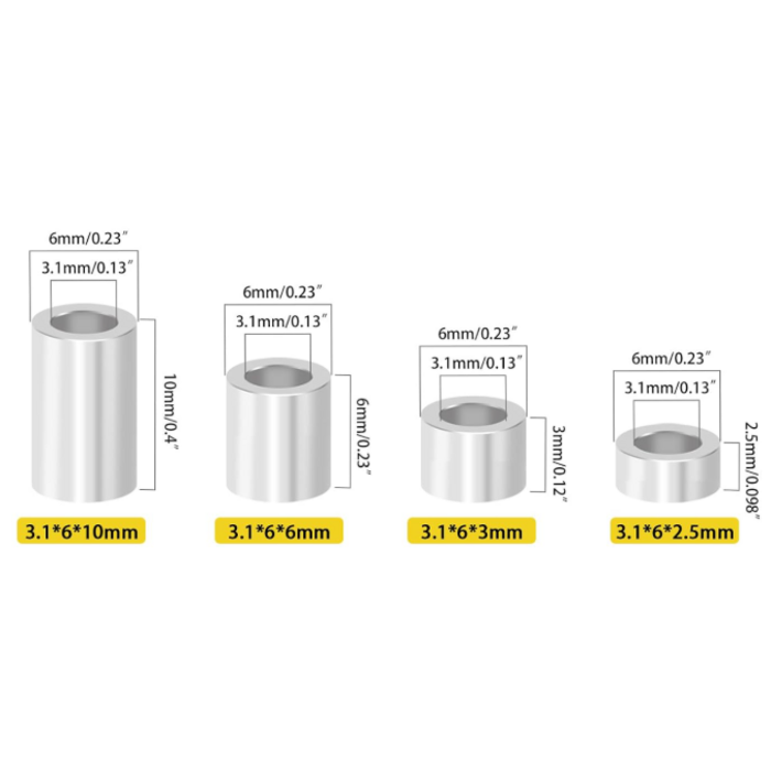 ‎M1999-25PCS - Mardatt 25 Peices Round Aluminum Spacer, 3.1x6mm(ID×OD) Aluminum Standoff Column Spacer, Length 2.5/3/6/10mm Thickness Aluminum Spacer for M3 Screws Bolts
