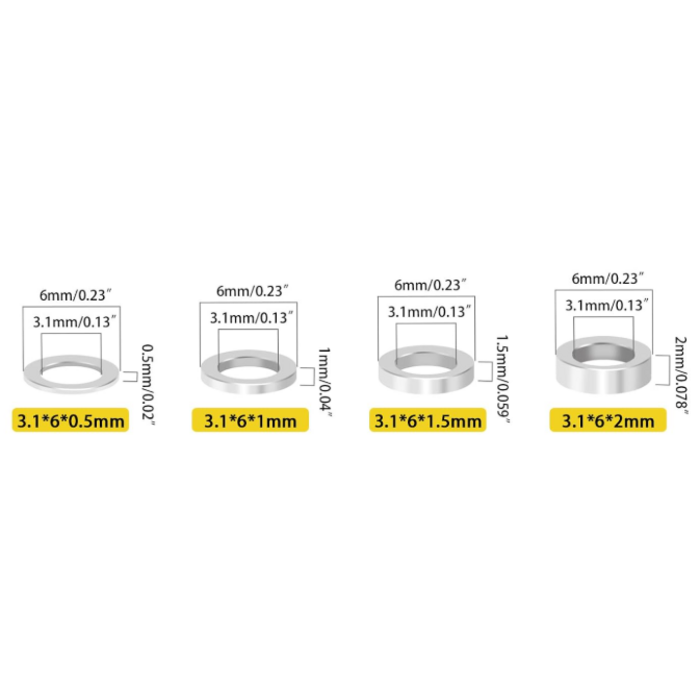 M1999-40PCS - Mardatt 40 Peices Round Aluminum Spacer, 3.1x6mm(ID×OD) Aluminum Standoff Column Spacer, Length 0.5/1/1.5/2mm Thickness Aluminum Spacer for M3 Screws Bolts