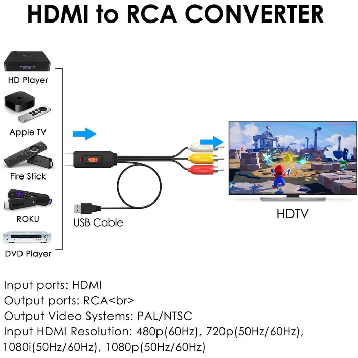 DGSN-HDMI2RCA - Dingsun HDMI to RCA Converter for Apple TV, Roku, Fire Stick, DVD, Blu-ray Player, TV ect. (Male HDMI to Male RCA) Plug and Play
