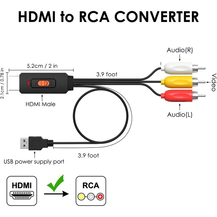 DGSN-HDMI2RCA - Dingsun HDMI to RCA Converter for Apple TV, Roku, Fire Stick, DVD, Blu-ray Player, TV ect. (Male HDMI to Male RCA) Plug and Play
