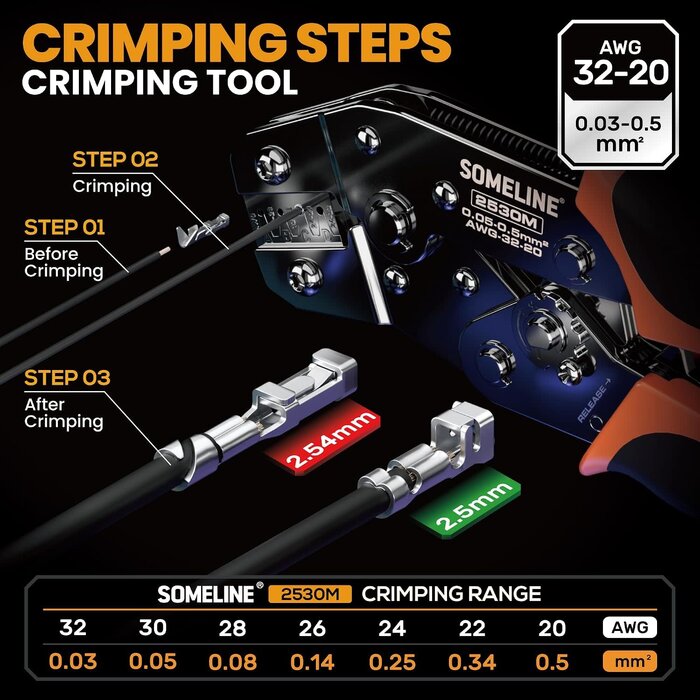 XH-DB - SOMELINE Crimp Tool Connector Kit, JST-XH 2.5mm and Dupont 2.54mm Connector Set, 21 Types of Connectors, 30-20 AWG Ratcheting Crimper for JST Series,KF2510,Molex,AMP EI Series