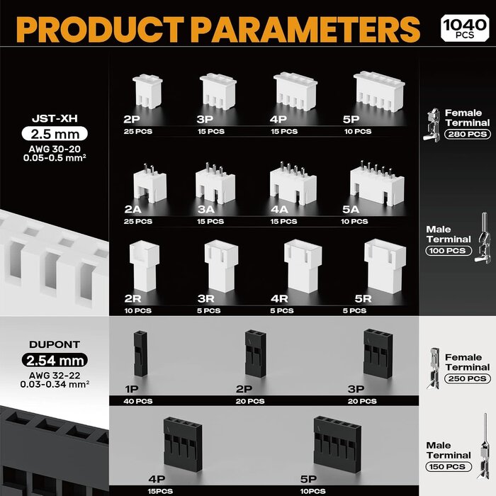 XH-DB - SOMELINE Crimp Tool Connector Kit, JST-XH 2.5mm and Dupont 2.54mm Connector Set, 21 Types of Connectors, 30-20 AWG Ratcheting Crimper for JST Series,KF2510,Molex,AMP EI Series