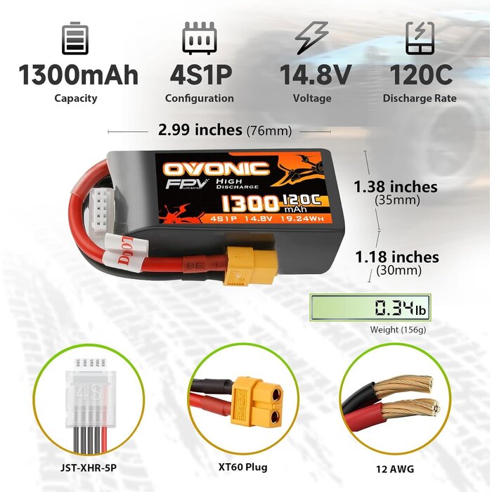 OVONIC O-4S-14.8V-1300mAh-XT60 - OVONIC 4s Lipo Battery 120C 1300mAh 14.8V Lipo Battery with XT60 Plug for RC FPV Racing Drone Quadcopter