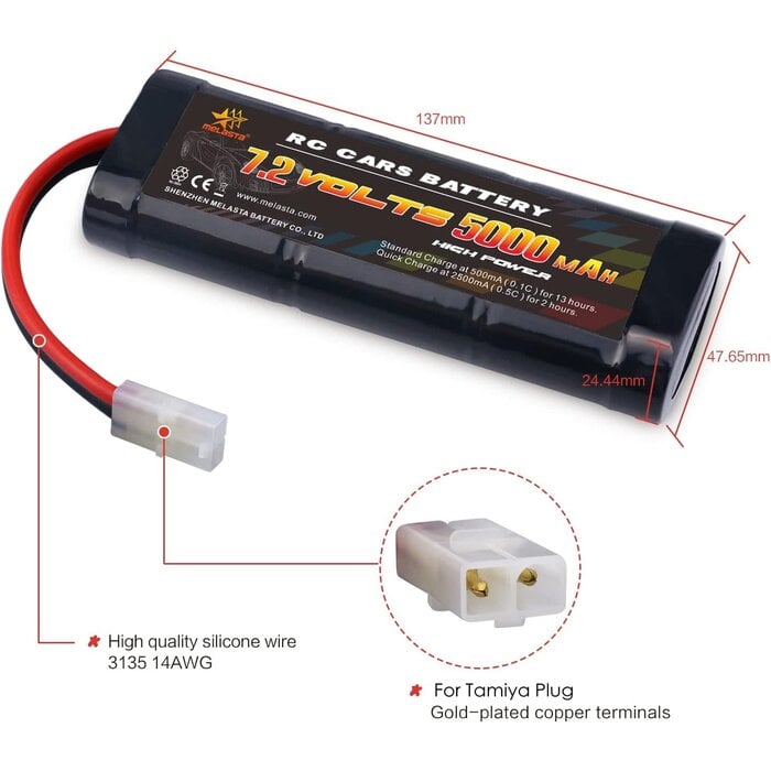 RC72-50NH - Melasta 7.2 Volt 5000mAh High Capacity RC Battery, 10C Discharge Rate High Performance 6 Cell NiMH Battery Pack Compatible with Tamiya Connector RC Racing Cars, RC Trucks, RC Tanks, RC Boats