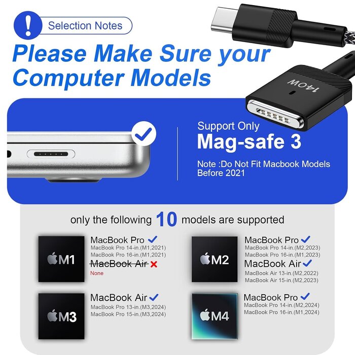 BOUTOP 140W 6ft USB-C to Magnetic 3 Cable, compatible with MacBook Pro (14/16-inch, 2023/2021), MacBook Air (13/15-inch, 2024), MacBook Air (15-inch, 2023), 6Ft