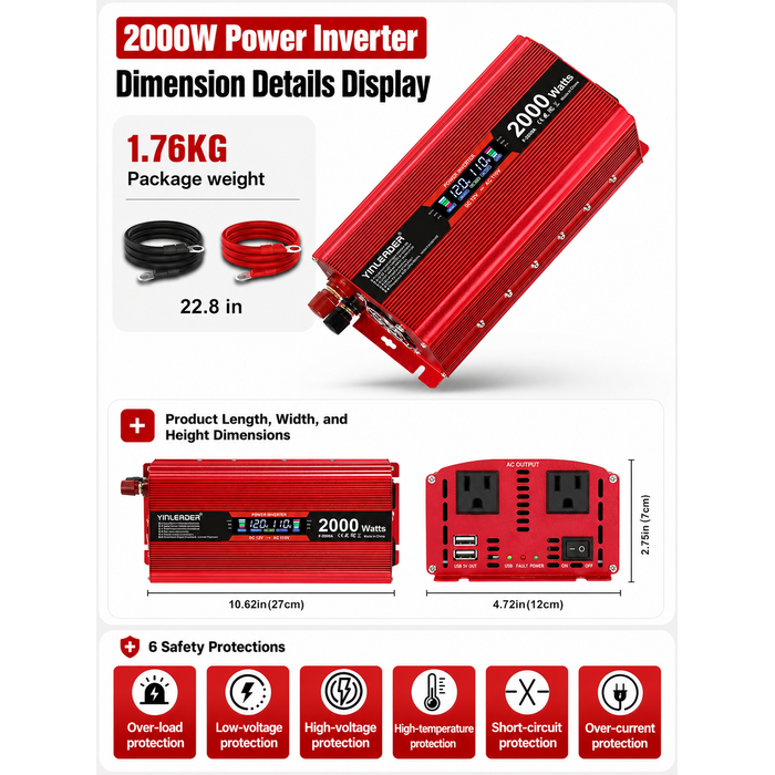 INV-2000W - Yinleader 2000 watt Inverter 12V to 110V/120V, dc to ac Inverter 2000W Car Converter with Intelligent LCD Display Dual AC Outlets Dual USB Charging Port for RV Truck Laptop