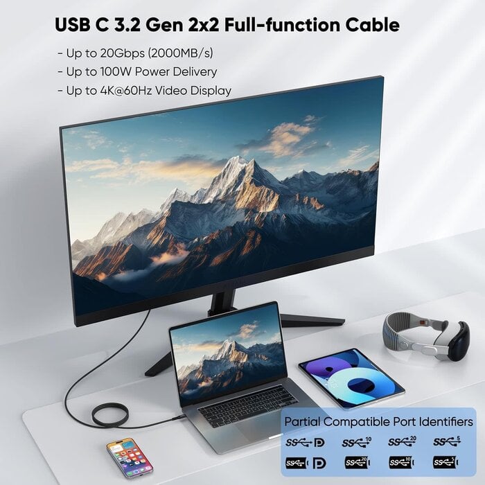 USB C to USB C Cable 100W 3.3FT, UseBean USB 3.2 Gen 2X2 20Gbps Data Transfer Type-C Cable PD 100W Fast Charging, 4K Video Monitor Cord, for Thunderbolt 3/4 MacBook Pro, iPad Pro, Galaxy S21/S20