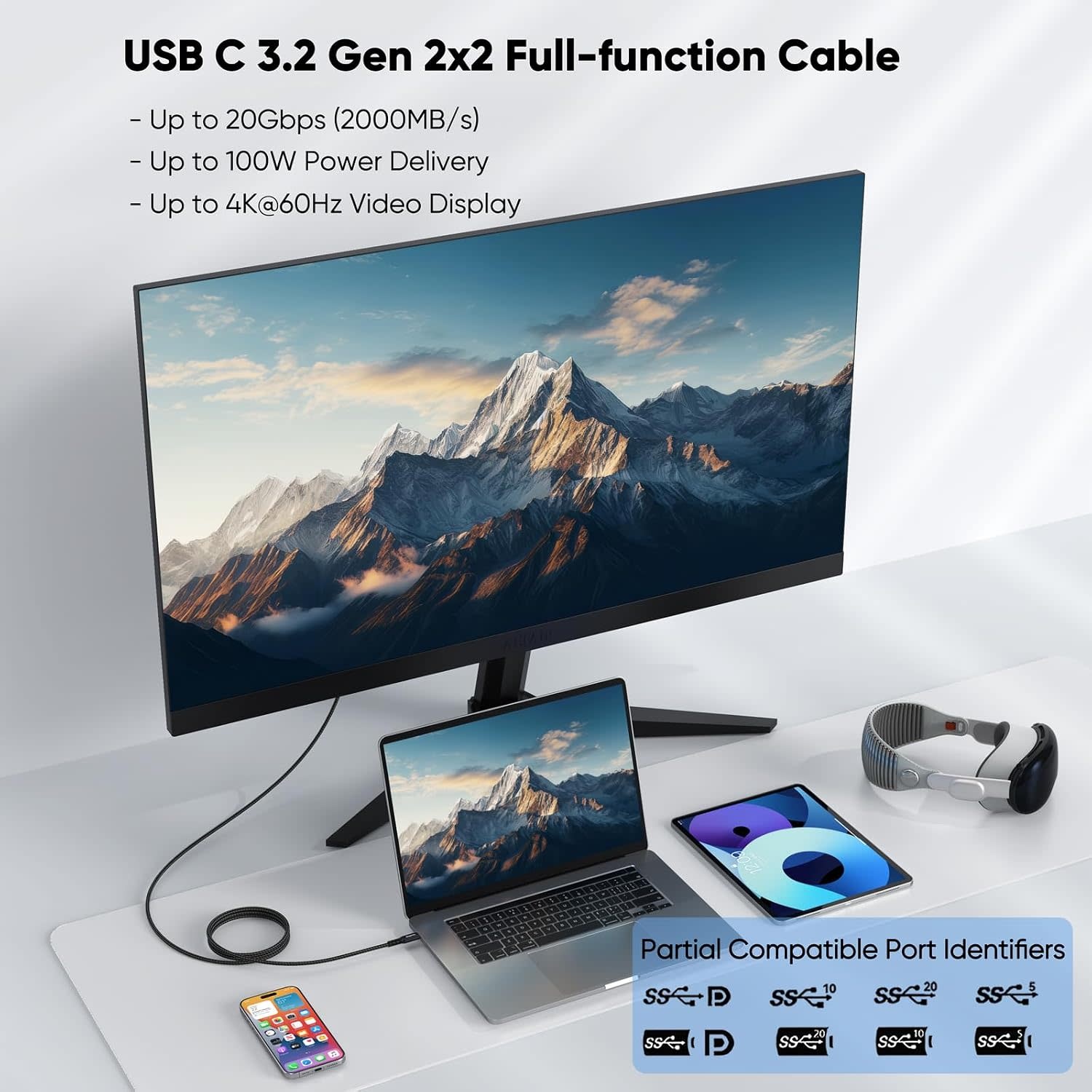 USB C to USB C Cable 100W 3.3FT, UseBean USB 3.2 Gen 2X2 20Gbps Data Transfer Type-C Cable PD 100W Fast Charging, 4K Video Monitor Cord, for Thunderbolt 3/4 MacBook Pro, iPad Pro, Galaxy S21/S20