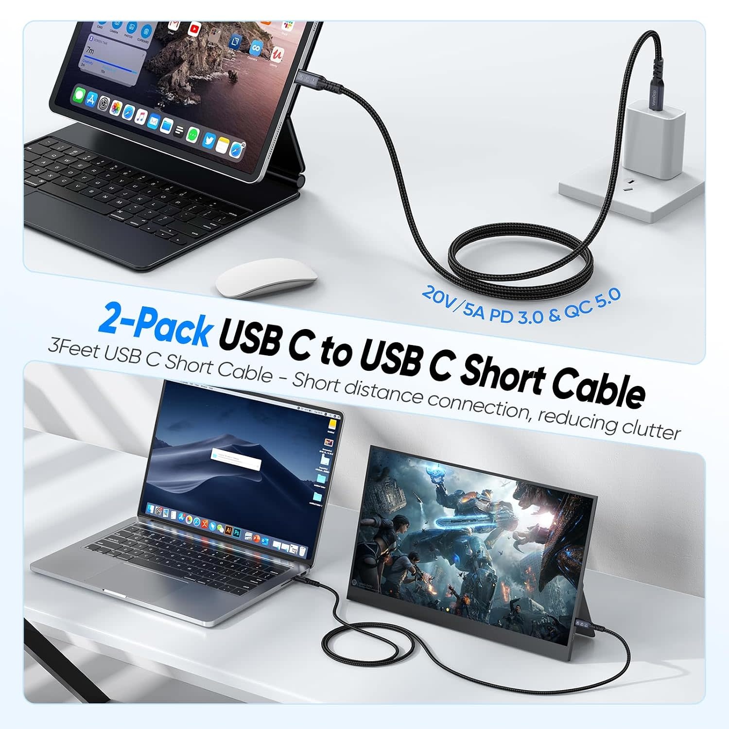 USB C to USB C Cable 100W 3.3FT, UseBean USB 3.2 Gen 2X2 20Gbps Data Transfer Type-C Cable PD 100W Fast Charging, 4K Video Monitor Cord, for Thunderbolt 3/4 MacBook Pro, iPad Pro, Galaxy S21/S20