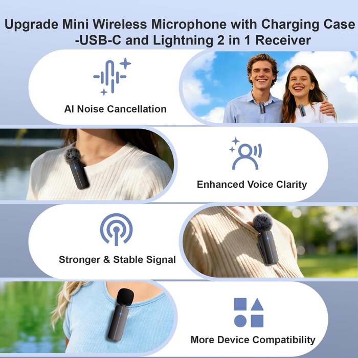 WM281 - Bulatry 2-Pack Wireless Mini Lavalier Lapel Microphone for iPhone, Android Phone(2 in 1) - 65ft Cordless Clip on Dual Mics with Noise Reduction 6H Working Time for Video Recording Vlogging, YouTube