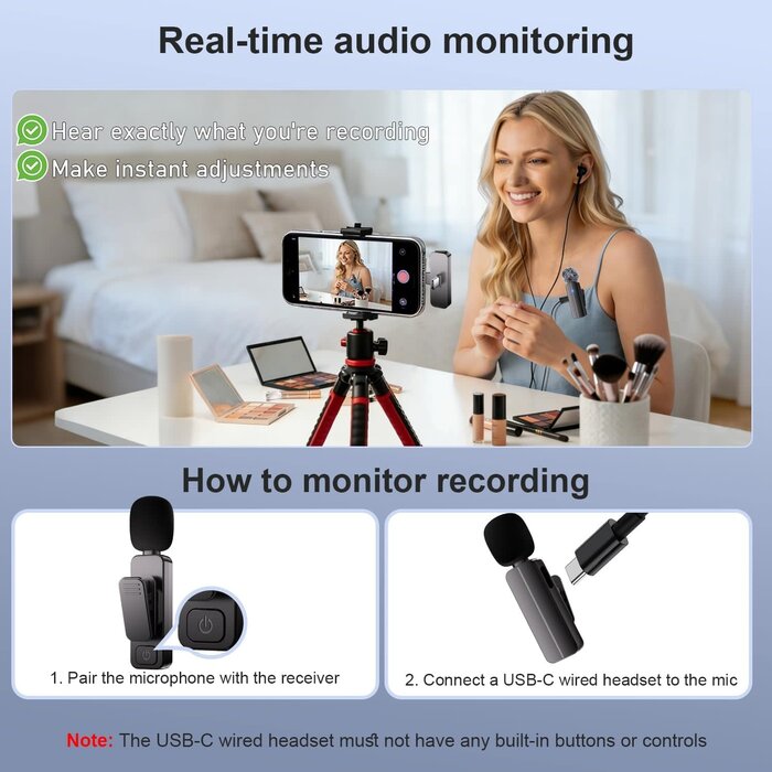 WM281 - Bulatry 2-Pack Wireless Mini Lavalier Lapel Microphone for iPhone, Android Phone(2 in 1) - 65ft Cordless Clip on Dual Mics with Noise Reduction 6H Working Time for Video Recording Vlogging, YouTube